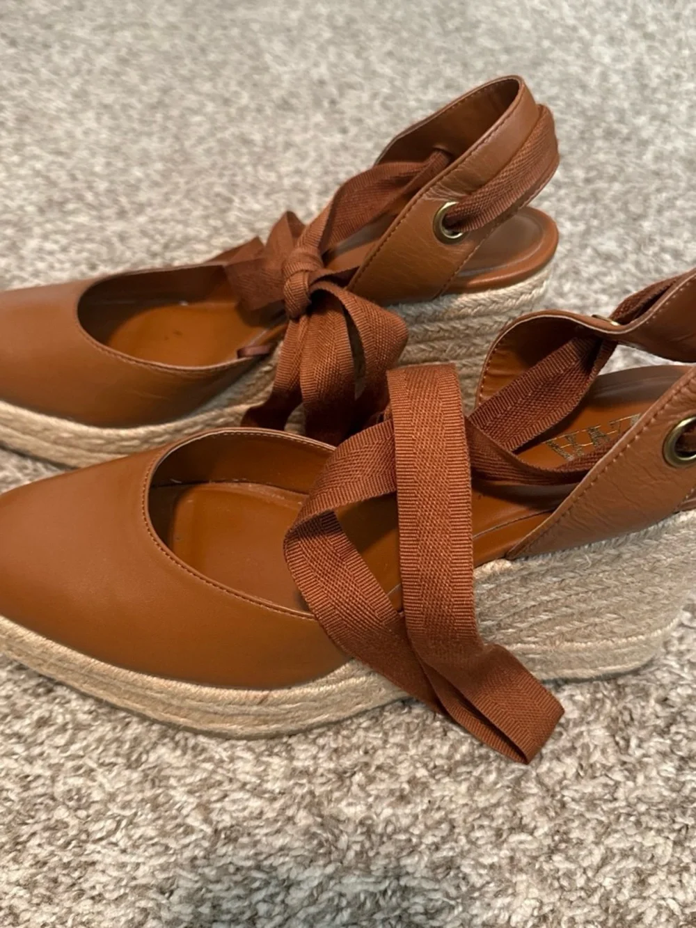 Zara Tan Leather Espadrille Wedge with Ankle Tie